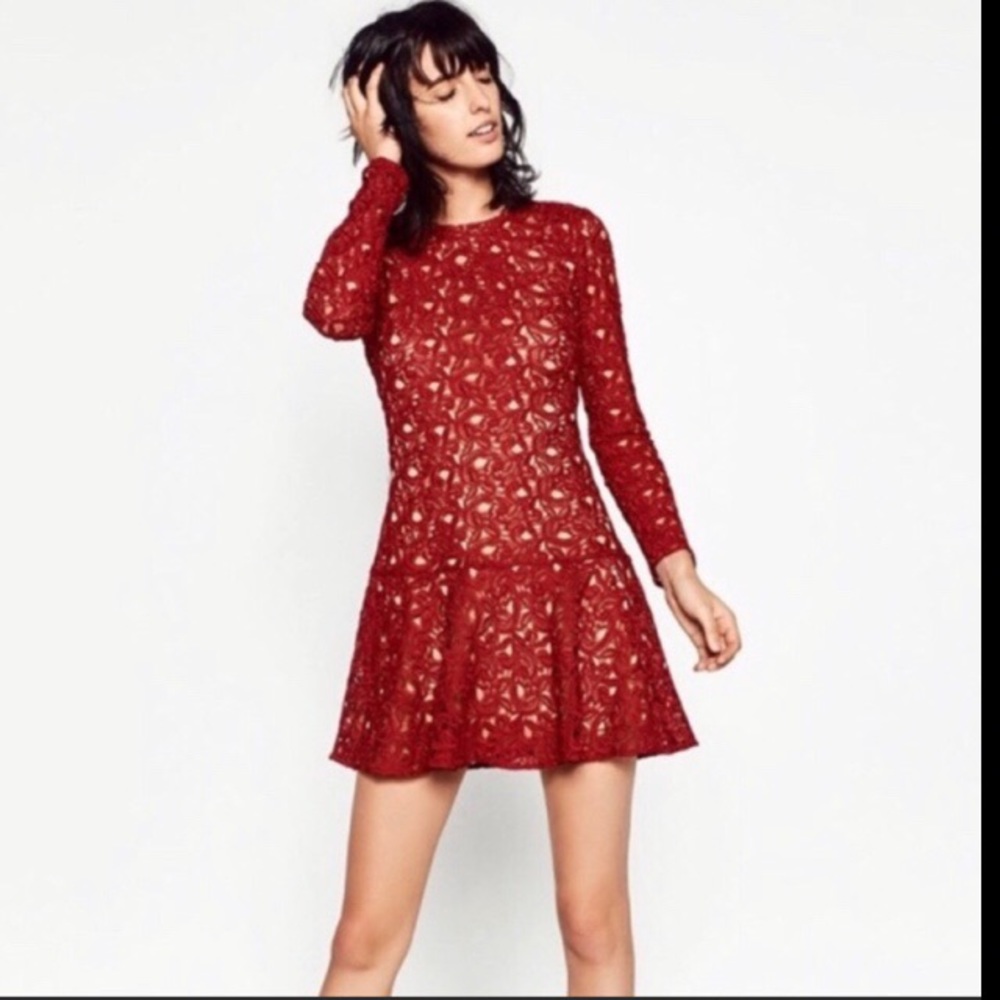 NWT Zara red lace mini dress with nude lining